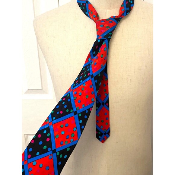 VTG FRED HAYMAN Beverly Hills 100% SILK TIE Red Polka Dot Geometric Colorful Blu - Picture 4 of 6